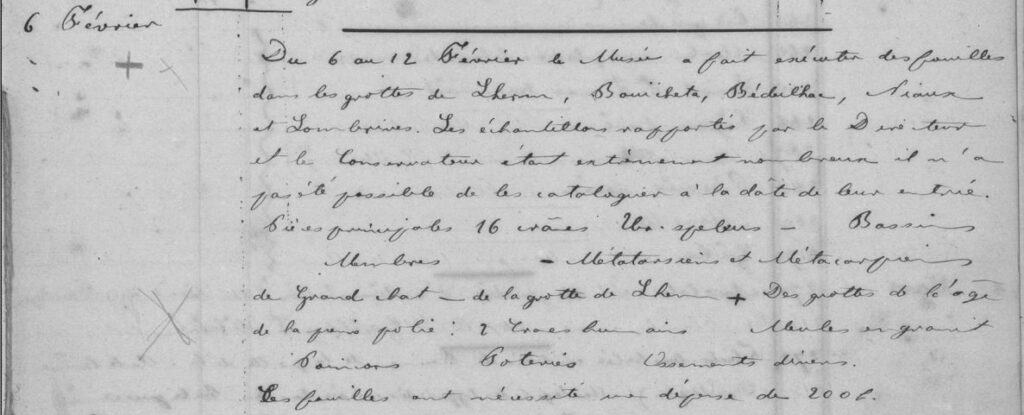 Fouilles organisées par le muséum de Toulouse du 6 au 12 février 1866, de la main d'E. Trutat